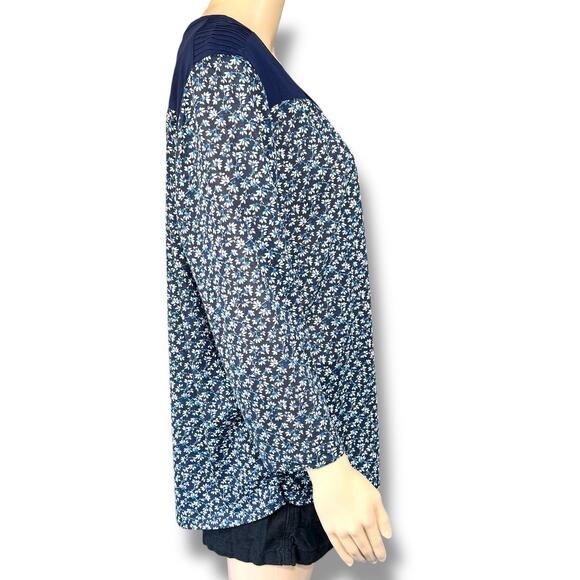 H&M Womens Blouse Top Shirt Blue Floral Print Long Sleeve Henley V Neck Large - Picture 3 of 11